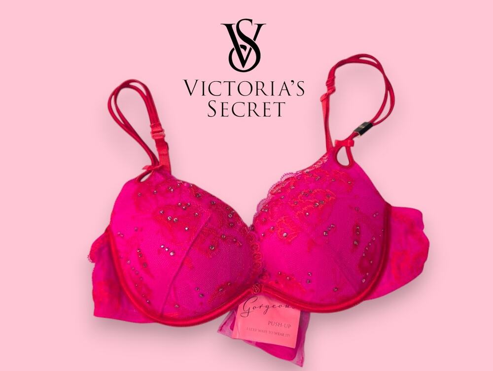 NWT Victoria’s Secret Gorgeous Bra 34C Push-Up Lace Vintage Rhinestones